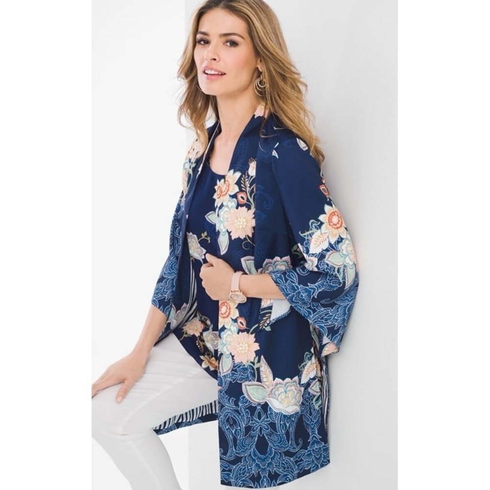 CHICOS Sz 1/M Reversible Floral Striped Kimono Duster‎ Jacket Cardigan & Shell